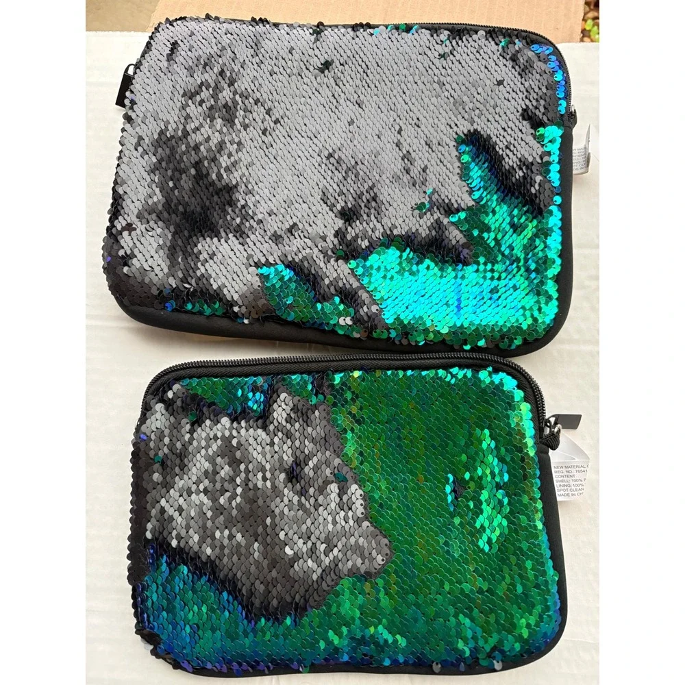 Set of 2 Reversible Flip Sequin Pouches Mermaid Teal Silver Crossbody Cases